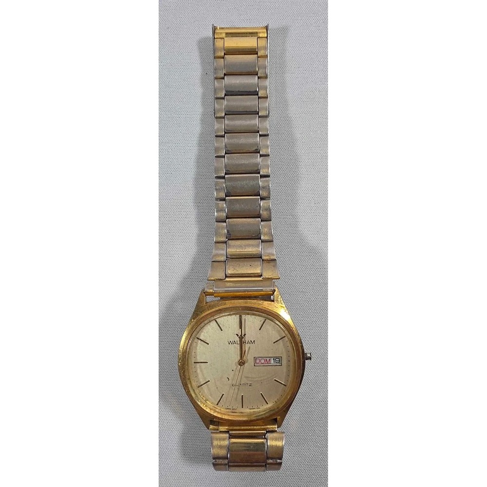 Waltham Mens Watch Silver Gold Tone Expansion Bracelet Day Date New Battery Runs